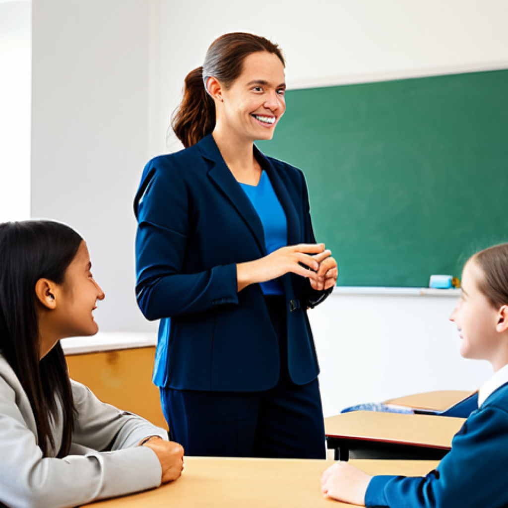 A compassionate female middle school teacher, fully clothed in modest professional attire like a blazer and smart trousers, gently interacting with a small group of students (fully clothed, appropriate age, natural poses) during a collaborative learning activity in a brightly lit, modern classroom. The atmosphere is positive and supportive, capturing a moment of genuine connection and understanding. Safe for work, appropriate content, family-friendly, fully clothed. Perfect anatomy, correct proportions, natural pose, well-formed hands, proper finger count, natural body proportions, professional photography, high quality.