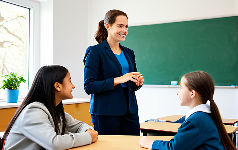 A compassionate female middle school teacher, fully clothed in modest professional attire like a blazer and smart trousers, gently interacting with a small group of students (fully clothed, appropriate age, natural poses) during a collaborative learning activity in a brightly lit, modern classroom. The atmosphere is positive and supportive, capturing a moment of genuine connection and understanding. Safe for work, appropriate content, family-friendly, fully clothed. Perfect anatomy, correct proportions, natural pose, well-formed hands, proper finger count, natural body proportions, professional photography, high quality.