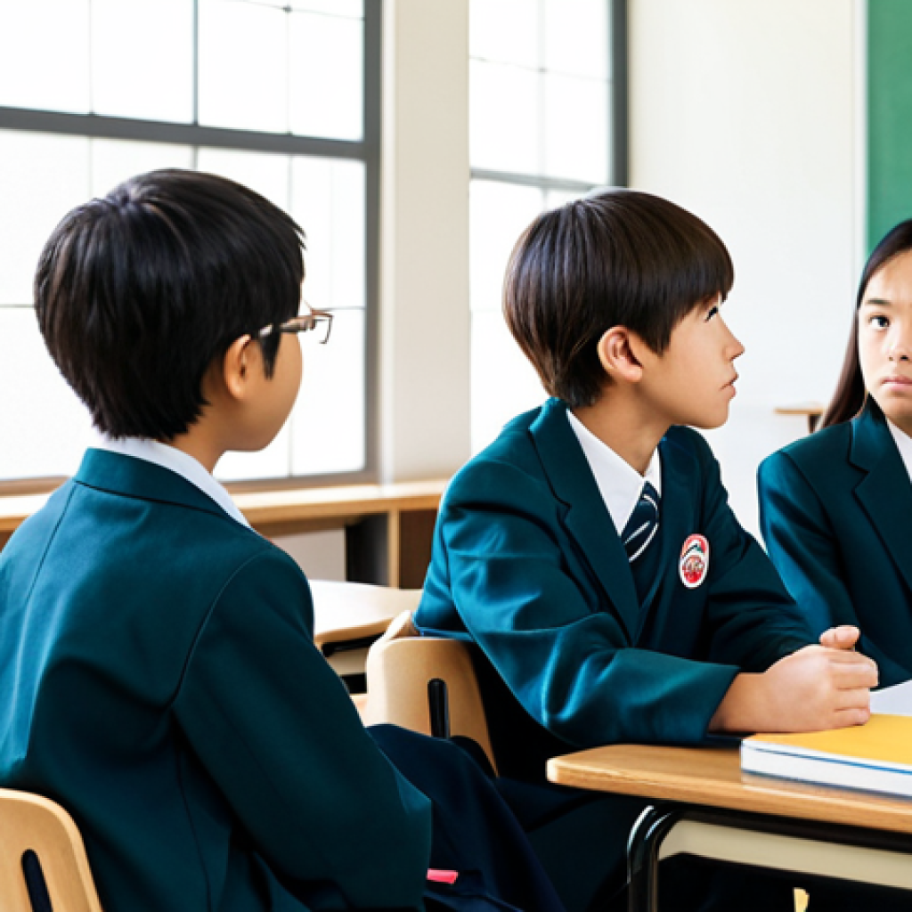 A group of diverse middle school students, boys and girls, wearing modest school uniforms, actively engaged in a thoughtful discussion in a bright, modern Japanese classroom. They are seated around tables, gesturing and listening intently, fostering critical thinking and empathy. A teacher is subtly observing in the background. The scene is well-lit with natural light, reflecting a collaborative learning environment. Professional photography, high resolution, perfect anatomy, correct proportions, natural pose, well-formed hands, proper finger count, natural body proportions, fully clothed, appropriate attire, professional dress, safe for work, appropriate content, family-friendly.