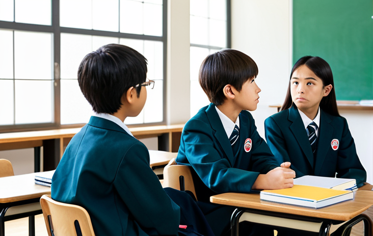 A group of diverse middle school students, boys and girls, wearing modest school uniforms, actively engaged in a thoughtful discussion in a bright, modern Japanese classroom. They are seated around tables, gesturing and listening intently, fostering critical thinking and empathy. A teacher is subtly observing in the background. The scene is well-lit with natural light, reflecting a collaborative learning environment. Professional photography, high resolution, perfect anatomy, correct proportions, natural pose, well-formed hands, proper finger count, natural body proportions, fully clothed, appropriate attire, professional dress, safe for work, appropriate content, family-friendly.