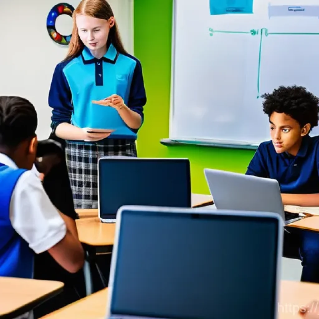 중학교 정보 검색 수업 - **Prompt 1: "Digital Detectives in the Classroom"**
A group of diverse junior high school studen...