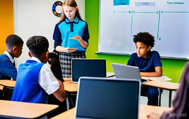 중학교 정보 검색 수업 - **Prompt 1: "Digital Detectives in the Classroom"**
A group of diverse junior high school studen...