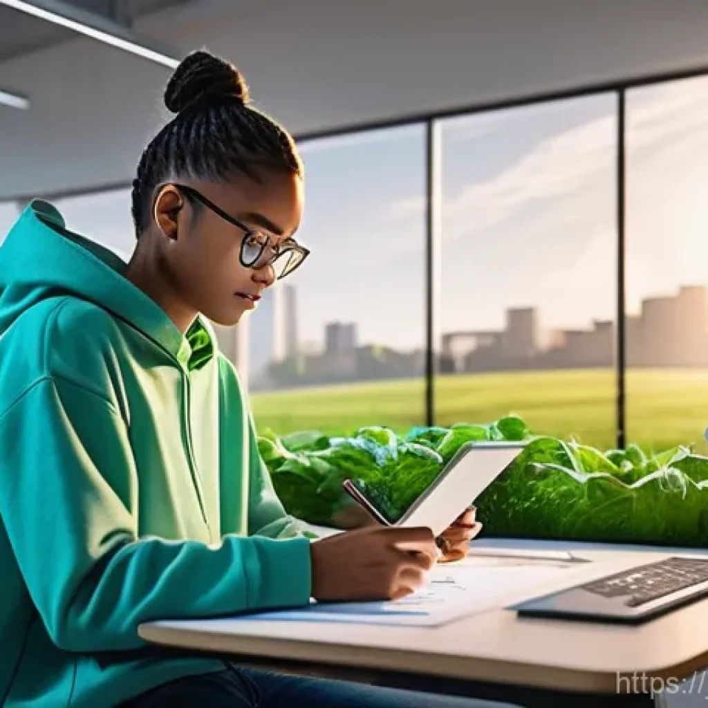 중학교 진로 교육 - **Prompt:** A vibrant, futuristic workspace bathed in soft, natural light, where a young, diverse hi...