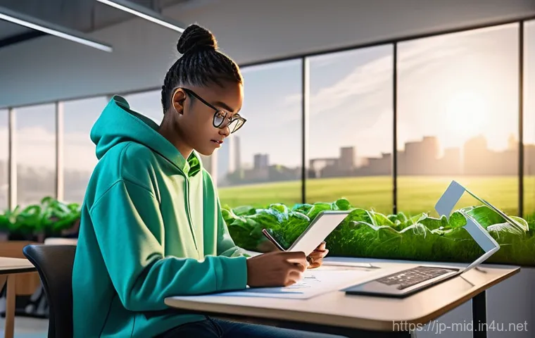 중학교 진로 교육 - **Prompt:** A vibrant, futuristic workspace bathed in soft, natural light, where a young, diverse hi...