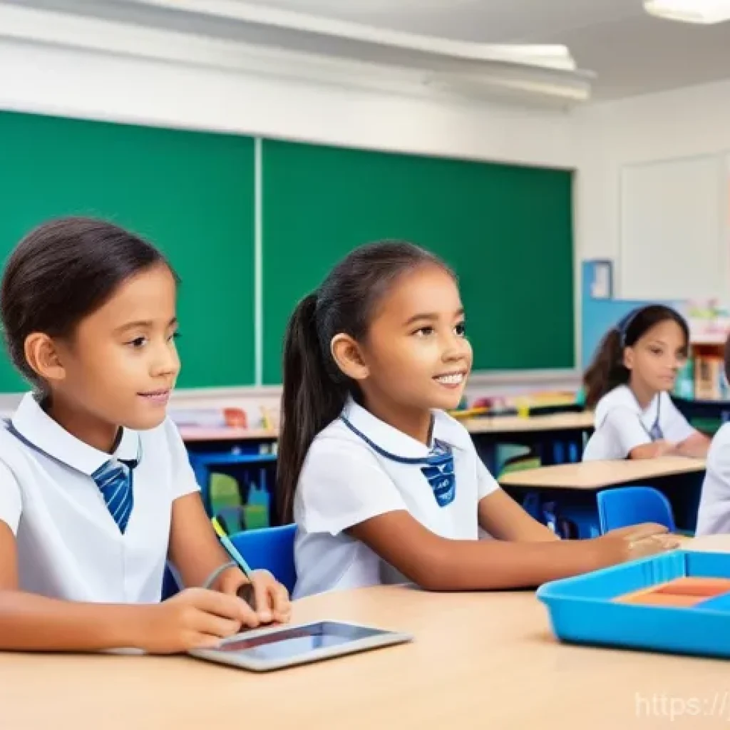 중학교 AI 기반 학습 분석 - **Personalized Learning Journey with AI:** A vibrant, brightly lit classroom scene where a diverse g...