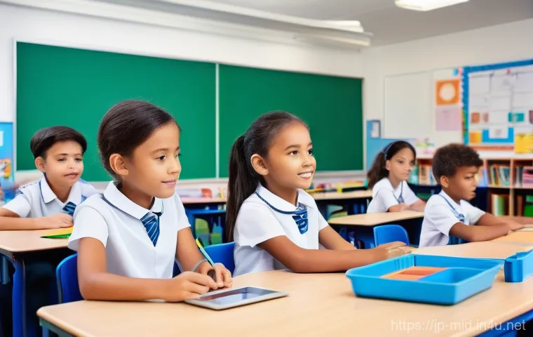 중학교 AI 기반 학습 분석 - **Personalized Learning Journey with AI:** A vibrant, brightly lit classroom scene where a diverse g...