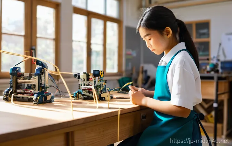 중학교 선택 과목 - **Prompt 1: Discovery in the Workshop**
    "A bright, naturally lit workshop classroom, with a youn...