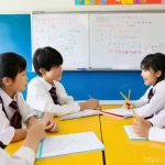 중학교 창업 교육 - **Prompt:** A dynamic and colorful scene inside a bustling Japanese junior high school classroom. A ...