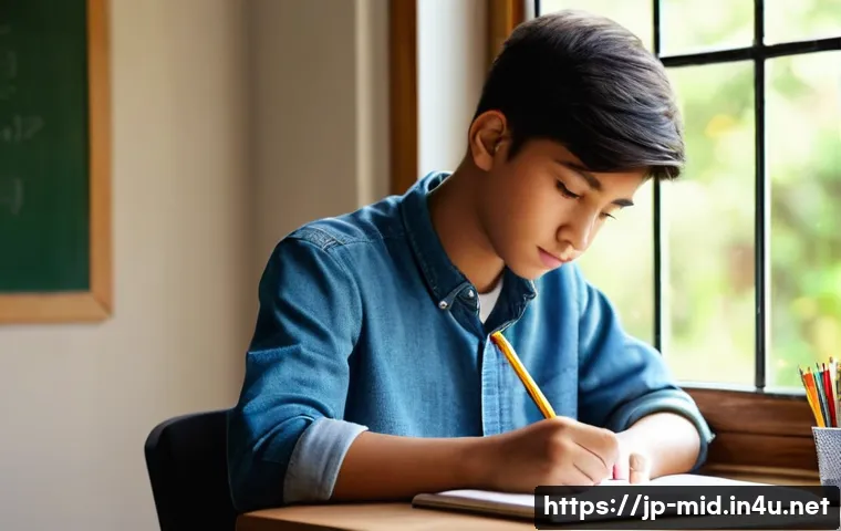 중학교 학습 심리학 - **Prompt:** A focused high school student (around 15-16 years old) is sitting at a clean, well-organ...