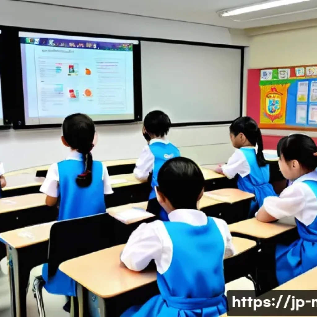 중학교 교과서 분석 - A modern Japanese classroom scene featuring diverse students using digital tablets alongside traditi...