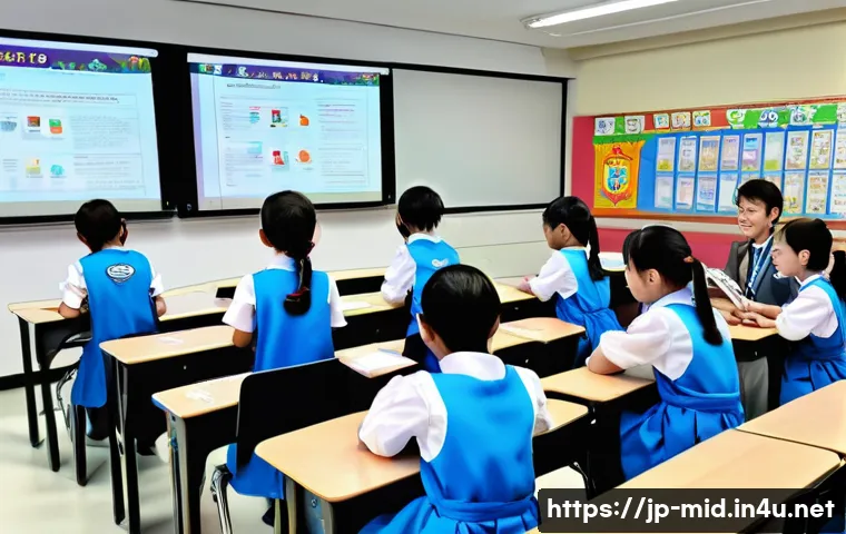 중학교 교과서 분석 - A modern Japanese classroom scene featuring diverse students using digital tablets alongside traditi...