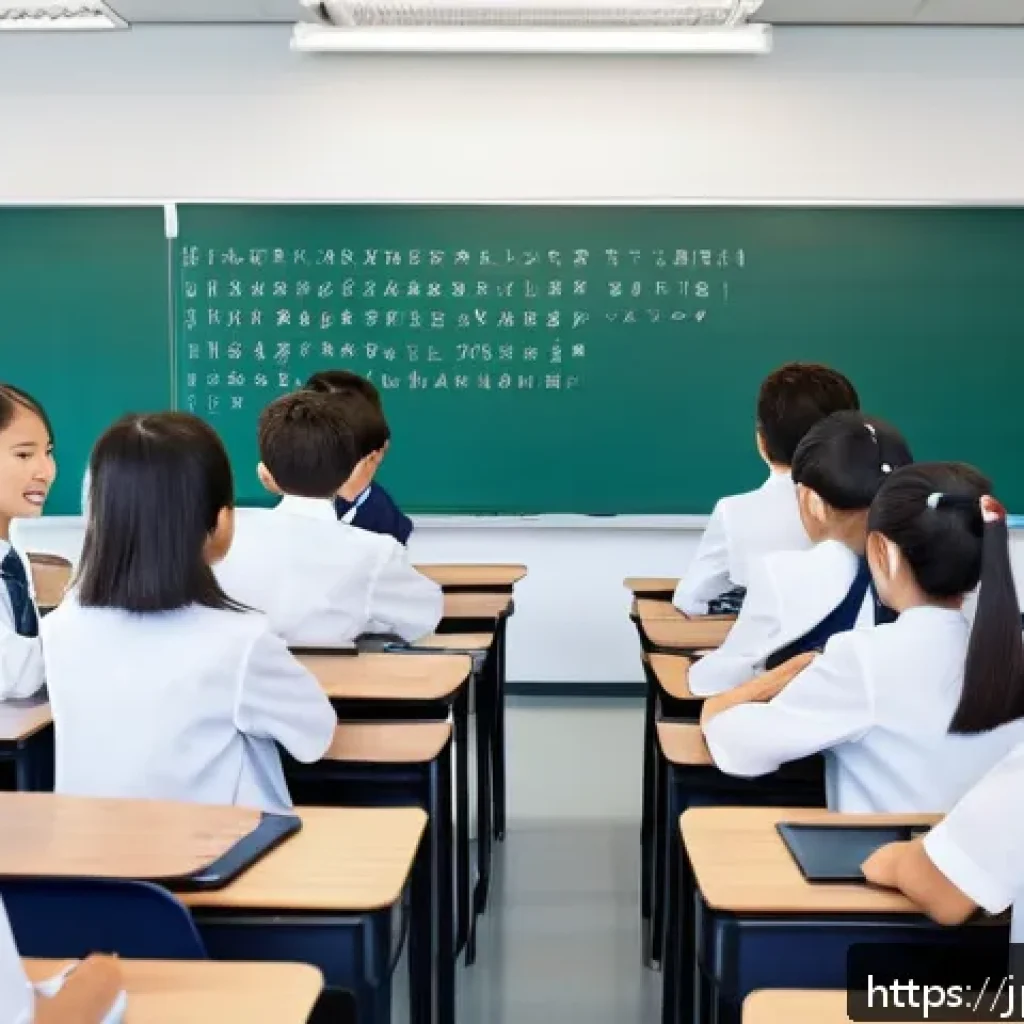 중학교 챗봇 활용 교육 - A modern Japanese junior high school classroom scene featuring diverse students engaged in group stu...
