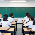중학교 챗봇 활용 교육 - A modern Japanese junior high school classroom scene featuring diverse students engaged in group stu...