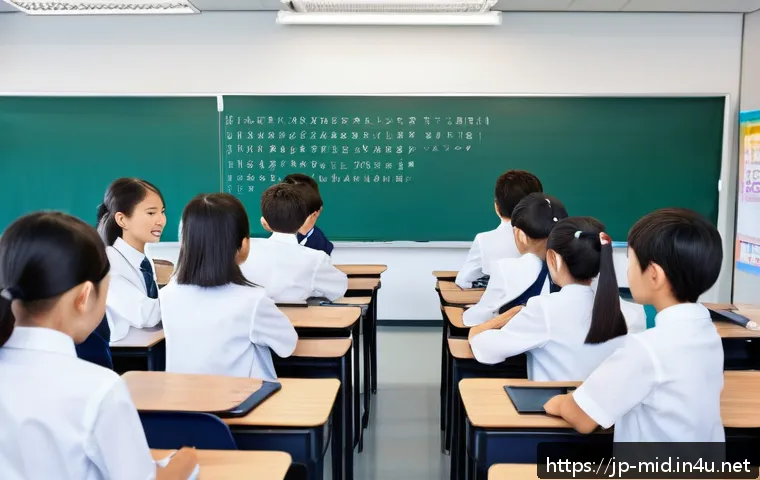 중학교 챗봇 활용 교육 - A modern Japanese junior high school classroom scene featuring diverse students engaged in group stu...
