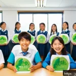 중학교 환경 교육 - A lively Japanese school classroom scene featuring diverse students aged around 12-15, enthusiastica...