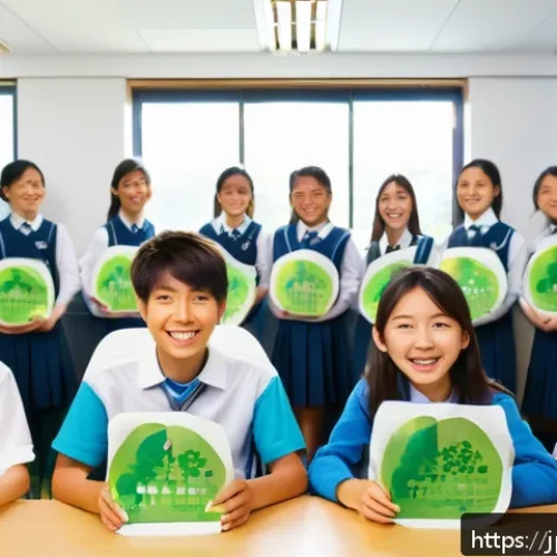 중학교 환경 교육 - A lively Japanese school classroom scene featuring diverse students aged around 12-15, enthusiastica...