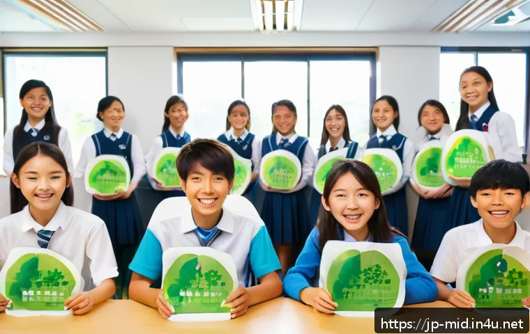 중학교 환경 교육 - A lively Japanese school classroom scene featuring diverse students aged around 12-15, enthusiastica...