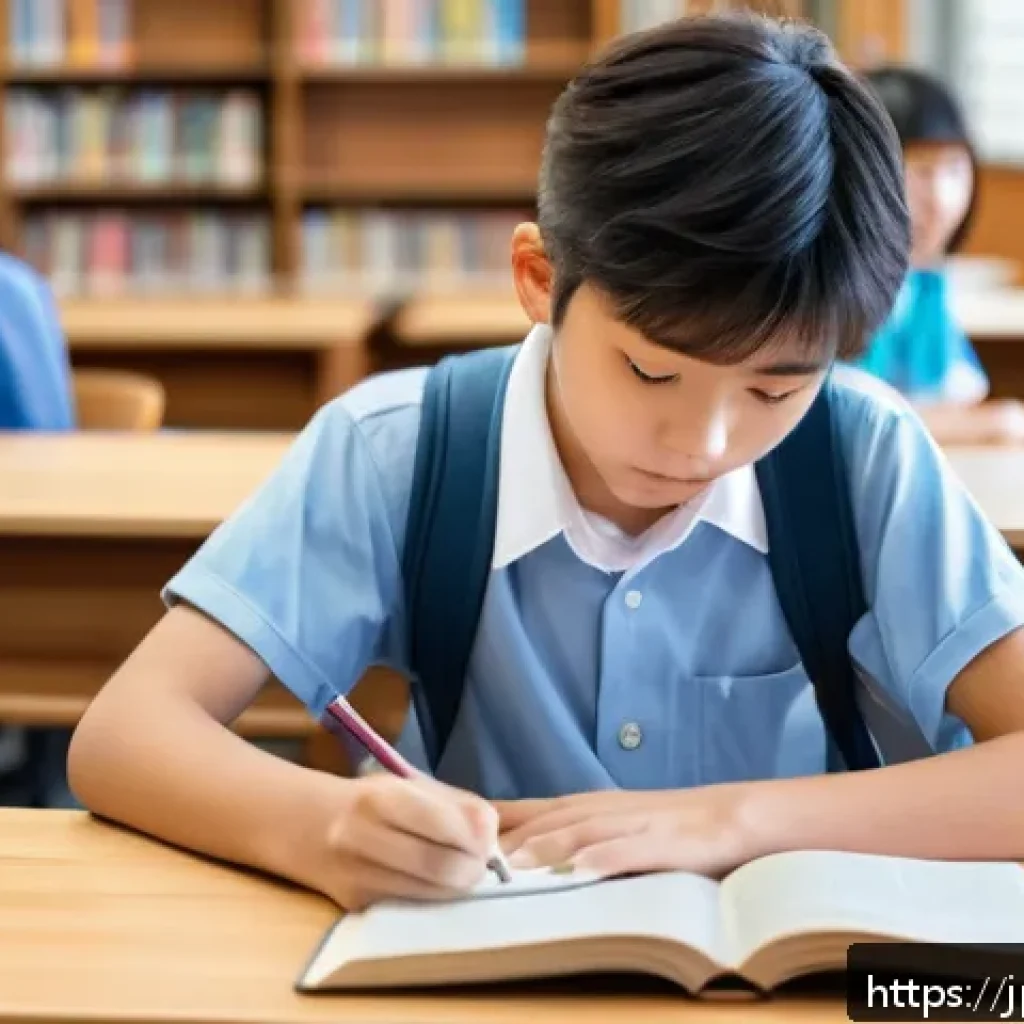 중학교 학습 동기 부여 - A focused Japanese middle school student studying in a quiet modern library during the afternoon hou...
