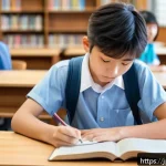 중학교 학습 동기 부여 - A focused Japanese middle school student studying in a quiet modern library during the afternoon hou...