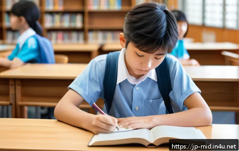 중학교 학습 동기 부여 - A focused Japanese middle school student studying in a quiet modern library during the afternoon hou...