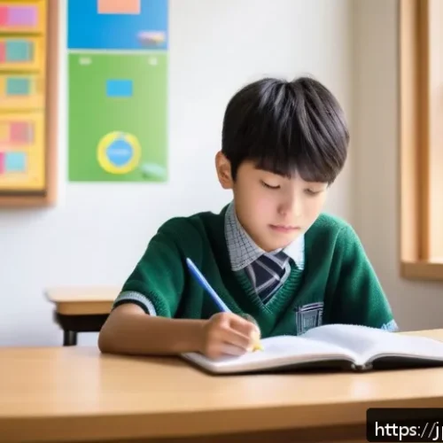중학교 학습 자료 개발 - A modern Japanese middle school student sitting at a tidy study desk in a bright room, using a table...