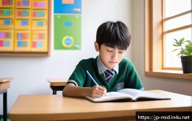 중학교 학습 자료 개발 - A modern Japanese middle school student sitting at a tidy study desk in a bright room, using a table...