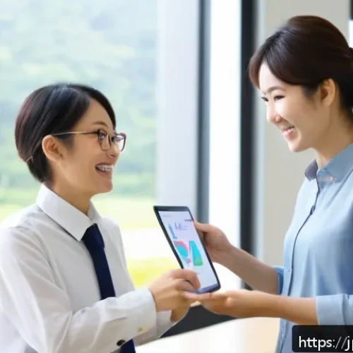 중학교 학부모 상담 - A professional Japanese teacher and a parent having a positive face-to-face meeting in a bright, mod...