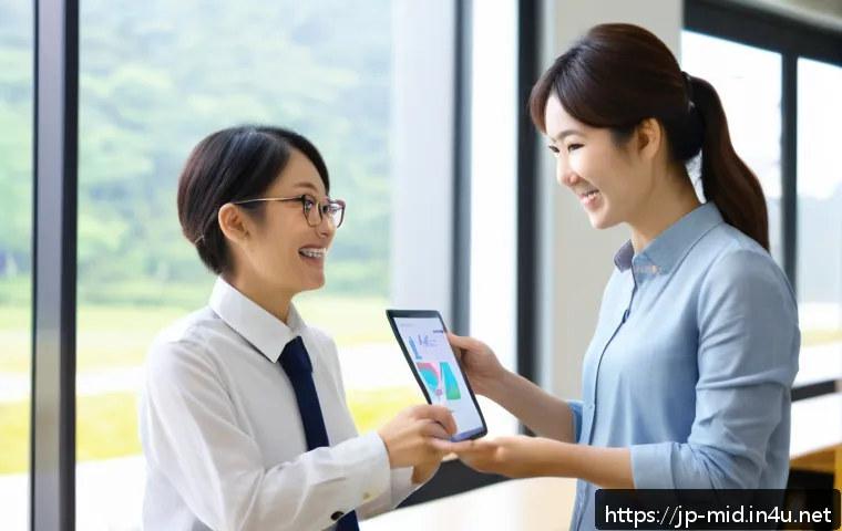 중학교 학부모 상담 - A professional Japanese teacher and a parent having a positive face-to-face meeting in a bright, mod...