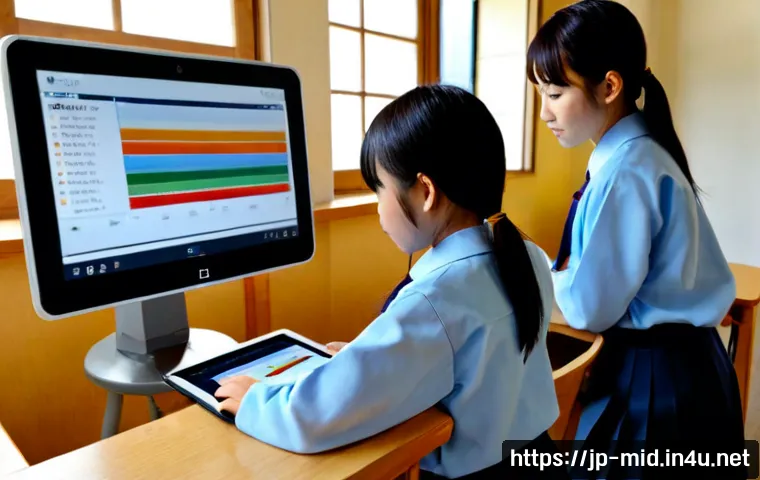 중학교 학습 분석 데이터 활용 - Photorealistic Japanese middle school classroom, teacher and two students reviewing anonymous learni...