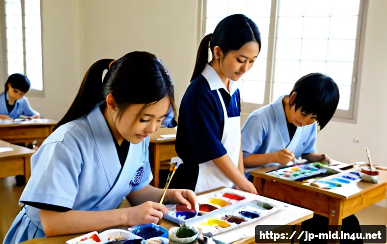 중학교 미술 교육 지도 - Photorealistic Japanese junior high school art classroom, a patient art teacher guiding a small grou...